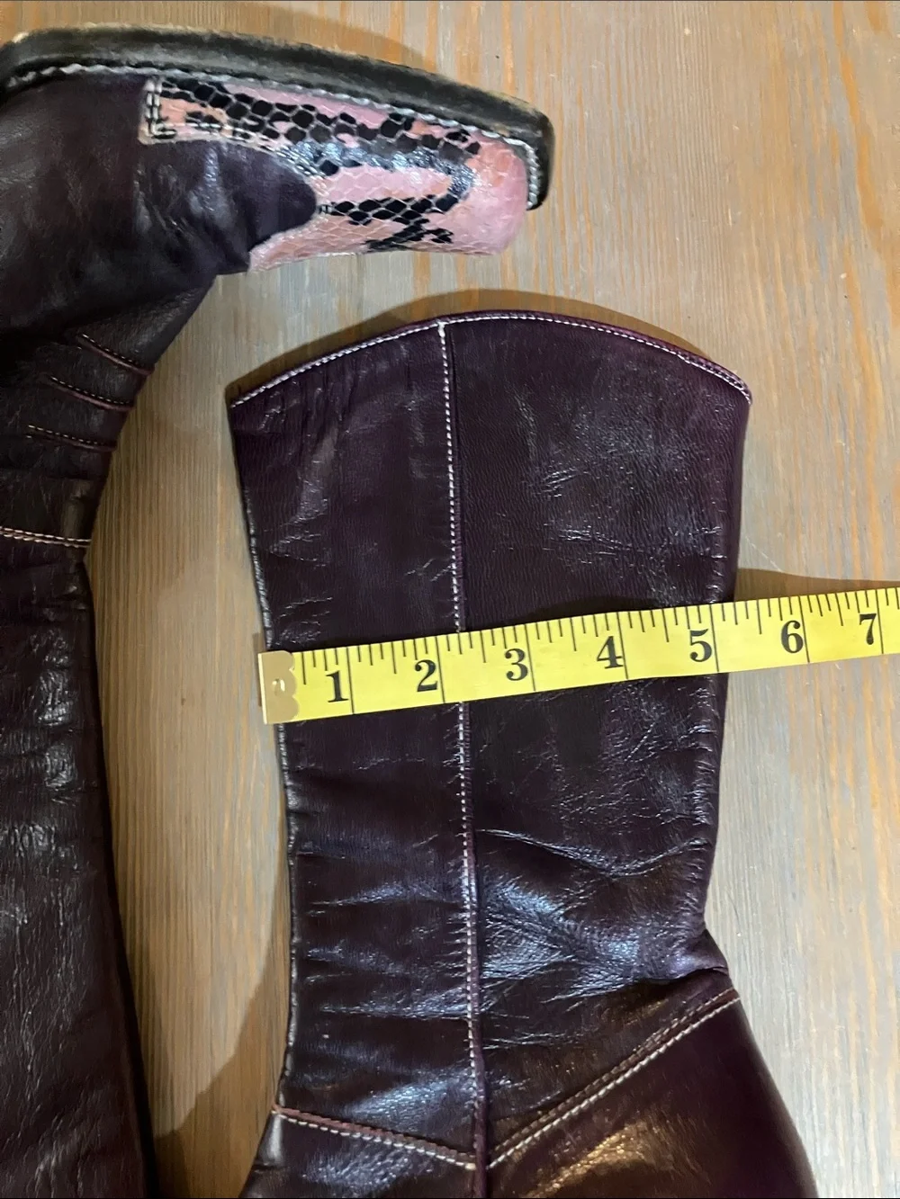 Women's Purple Leather Western Ankle Boots with Pink Snake-Print Toe